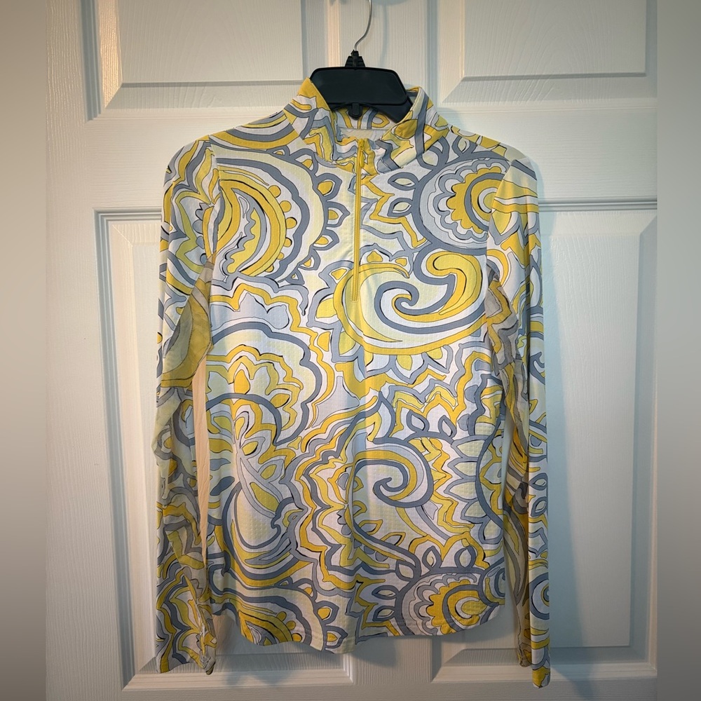 IBKUL Women’s Yellow Gray Abstract Paisley Golf Top. 1/4 Zip, Mock Neck, Size S